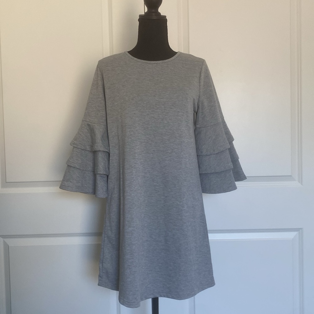 Simply‎ Southern Sweater Dress Womens Gray 3/4 Ruffle Sleeve